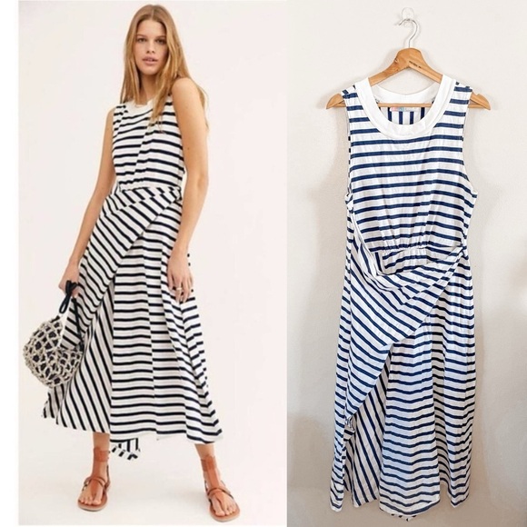 FP Beach ~Navy + White Striped Cotton Capri Sleeveless Midi Dress in size Large - Picture 1 of 14